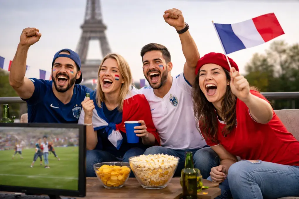 Amis devant un match de football en streaming IPTV en France